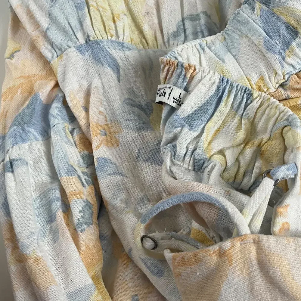 Abercrombie & Fitch Asymmetrical Yellow Blue Floral Linen Tiered Maxi Dress L